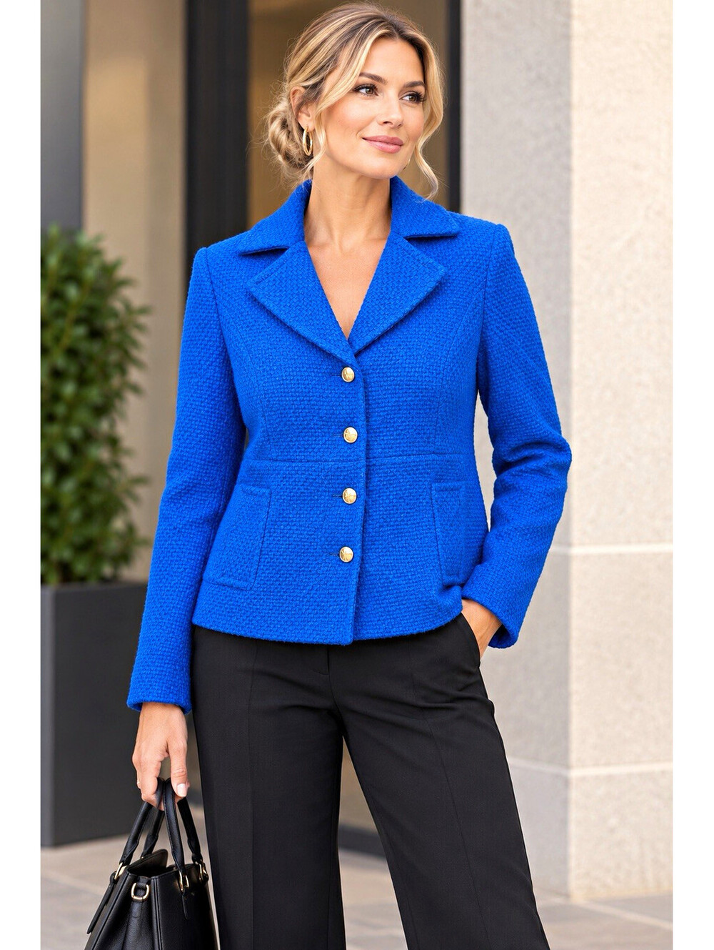 Etcetera Women’s 0 Blue Virgin Wool Blend Lined Button Jacket Pockets Short